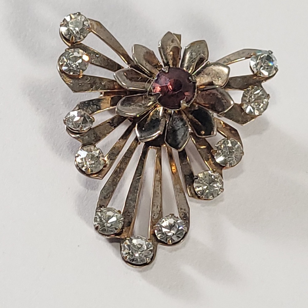 Vintage Flower Rhinestone Brooch Gold Purple Clear Sunburst Floral Pin Jewlery